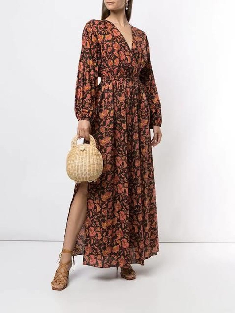 MATTEAU Long Floral V-Neck Women's Dress in Black and Rust